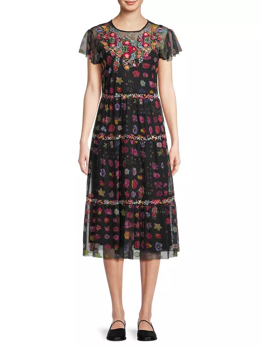 Rheia Floral Tiered Mesh Midi-Dress Product Image