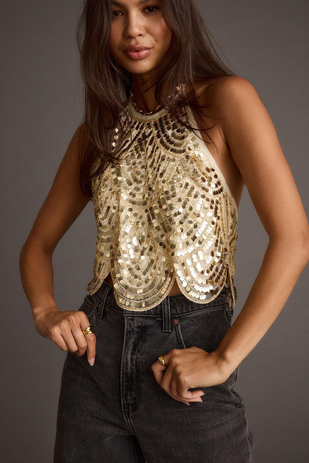 Cleo Gold Sequin Halter Tie Top Product Image