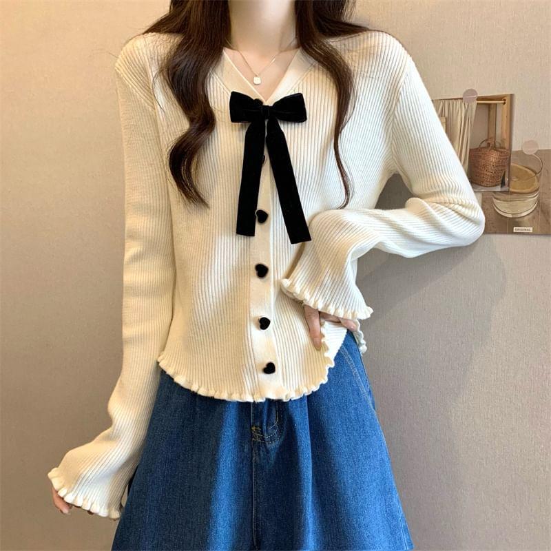 Long-Sleeve V-Neck Bow Heart Button Ribbed Knit Top Product Image