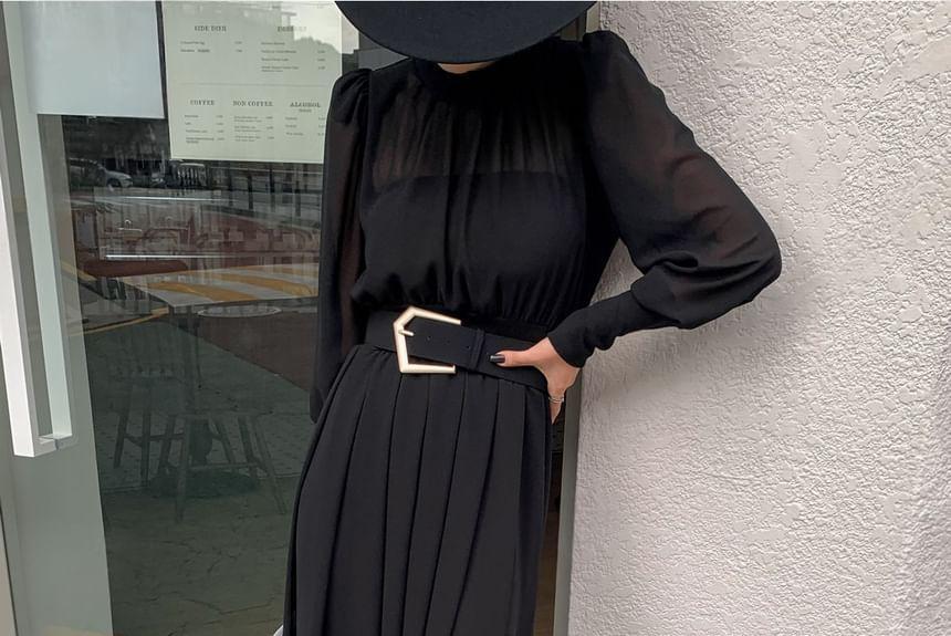 Set: Long-Sleeve See-Through Pleated Midi Dress + Belt Product Image