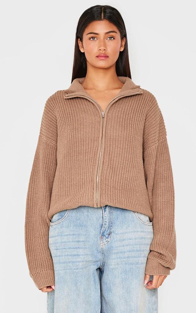 Light Mocha Thick Rib Knit Zip Up Cardigan Product Image