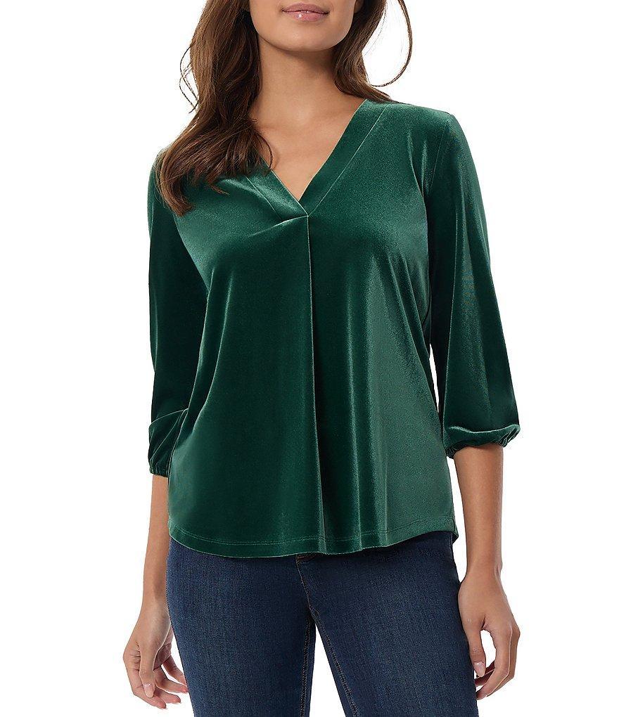 Jones New York Stretch Velour Pleat Front V-Neck 3/4 Elastic Cuff Sleeve Tunic Product Image