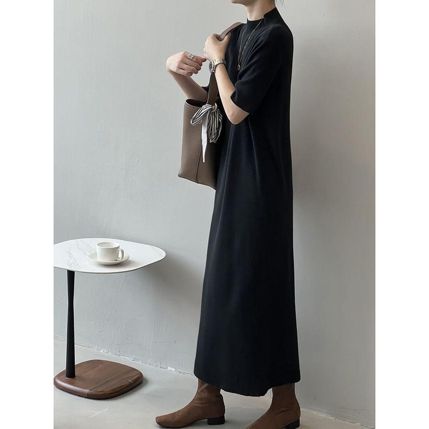 Short-Sleeve Mock Neck Plain Midi Knit Dress Product Image