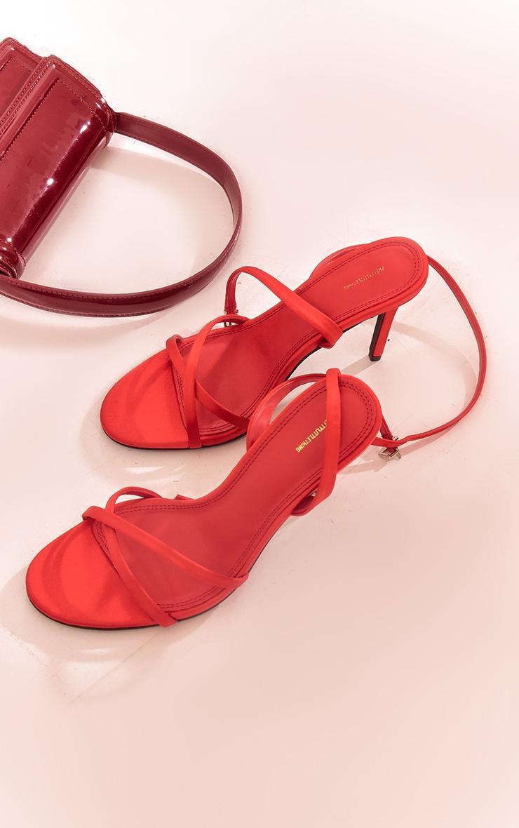 Red Satin Round Toe Cross Over Strap Barely There Heeled Sandals Product Image