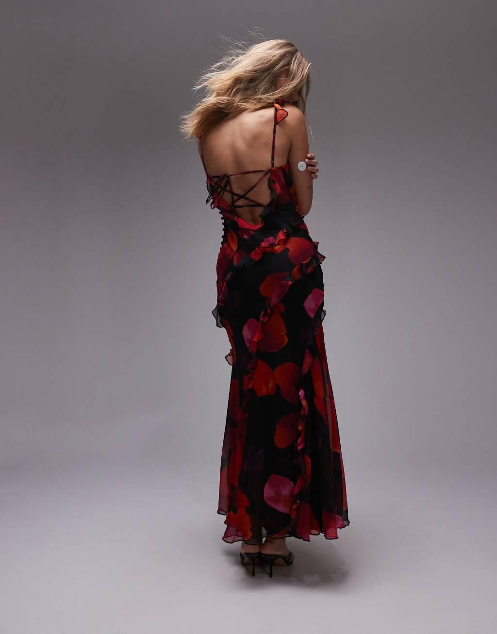 Topshop ruffle cami maxi dress in bold red and pink floral Product Image