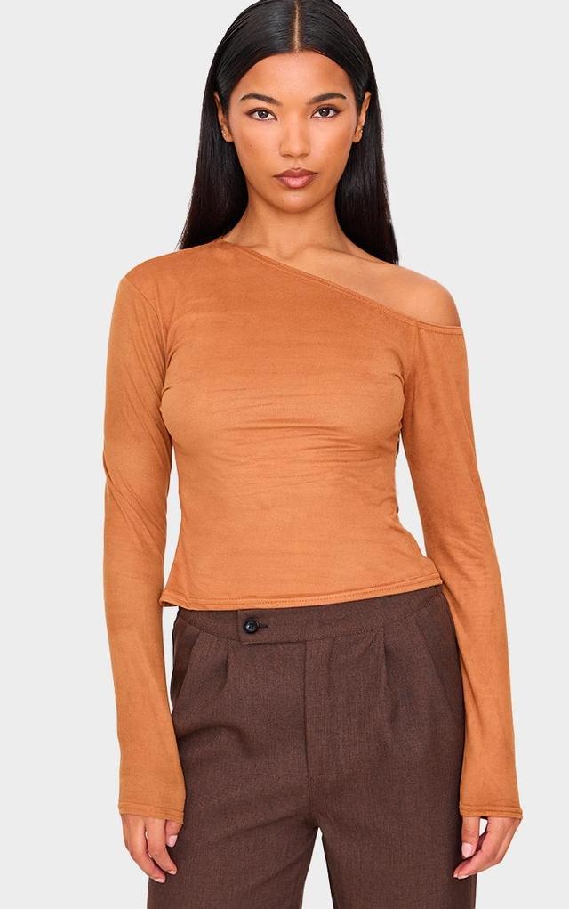 Tan Faux Suede Asymmetric Neck Long Sleeve Top Product Image