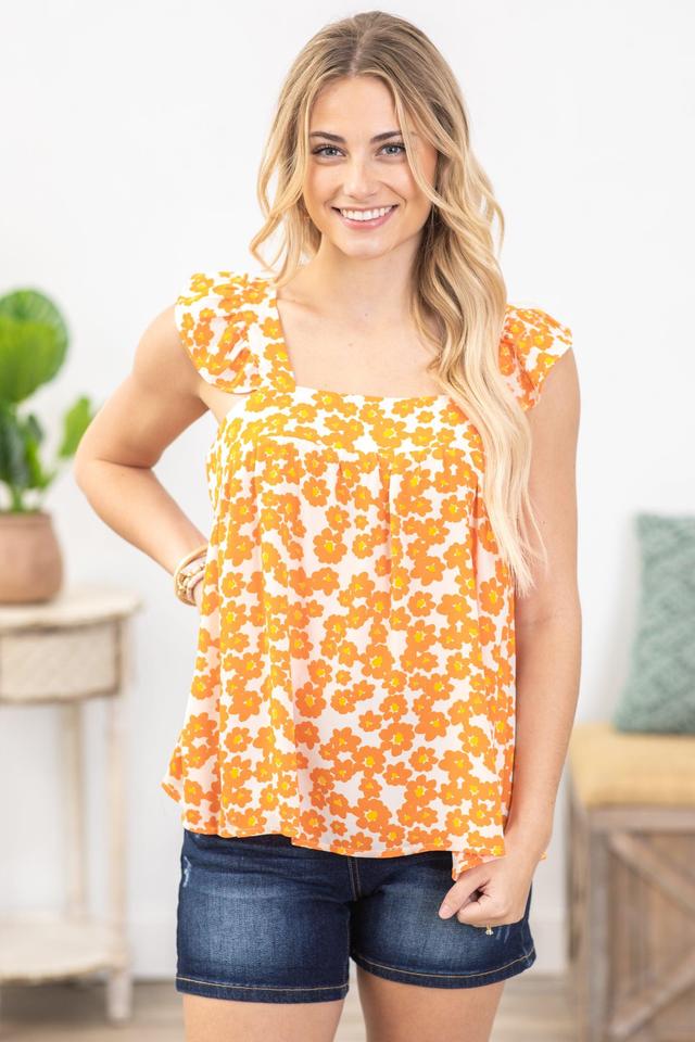 Orange Floral Square Neckline Woven Top Product Image