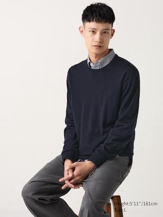 Mens Merino Crew Neck Sweater Navy Medium UNIQLO US Product Image