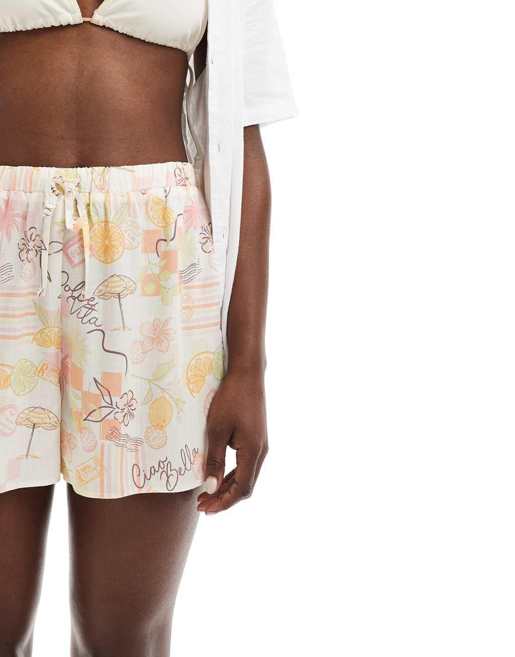 Miss Selfridge linen look pull on shorts in postcard print Product Image