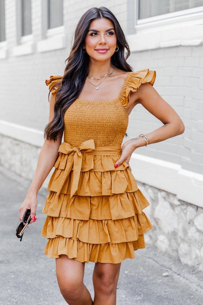 Still Have Time Mustard Tiered Ruffle Belted Mini Dress FINAL SALE Product Image