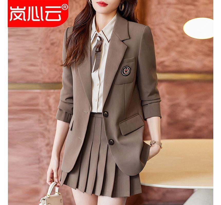 Lapel Collar Plain Single Breasted Blazer / High Rise Plain Slacks / Mini Pleated Skirt / Set Product Image