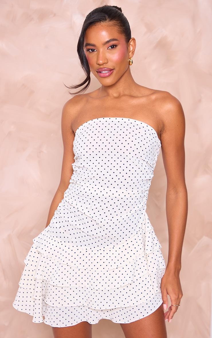 Cream Polka Dot Ruched Ruffle Hem Bandeau Mini Dress Product Image