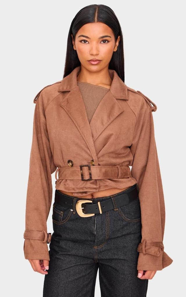 Brown Cropped Faux Suede Belted Trench Coat Product Image