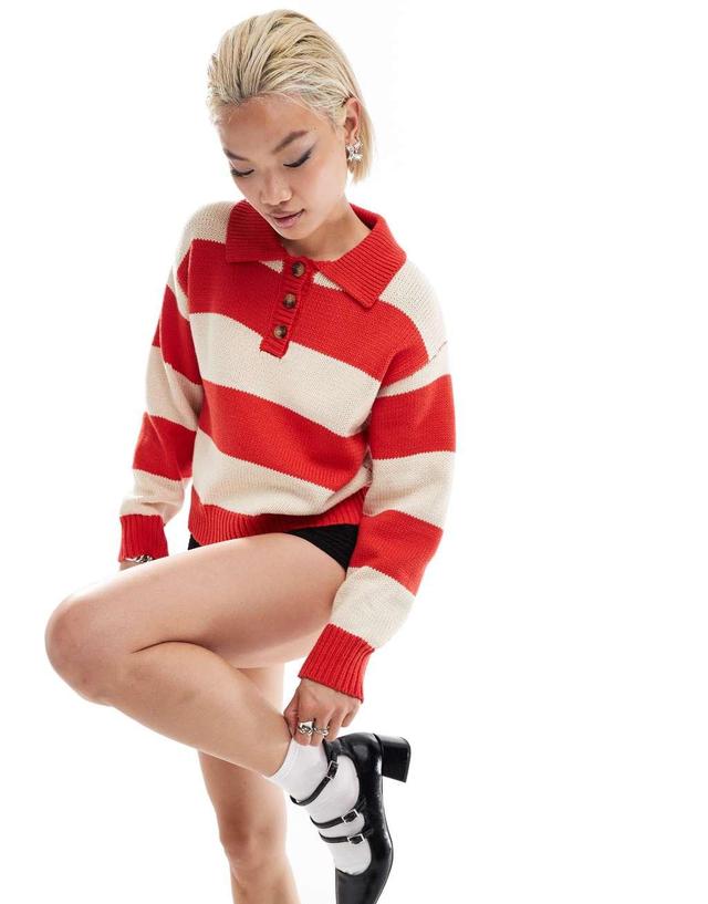 Emory Park button up striped oversized sweater in red and cream  Product Image