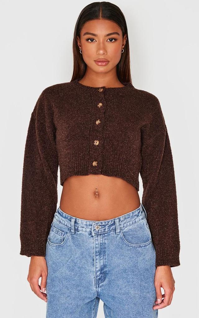 Chocolate Boucle Knit Button Through Cropped Cardigan Product Image