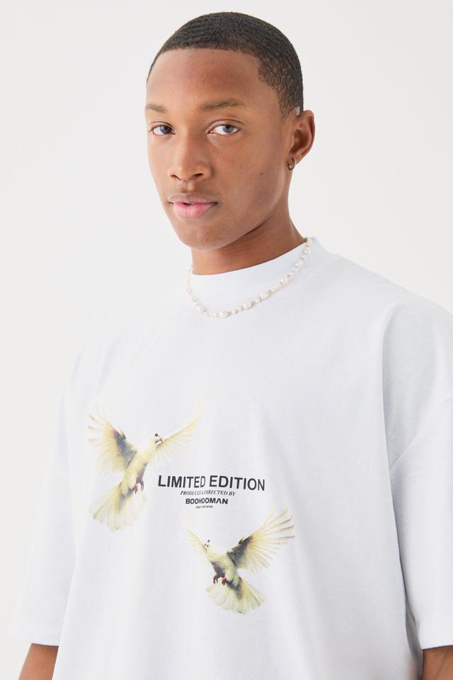 Mens White Oversized Boxy Extended Neck Limited Edition Dove Back Print T-shirt, White Product Image