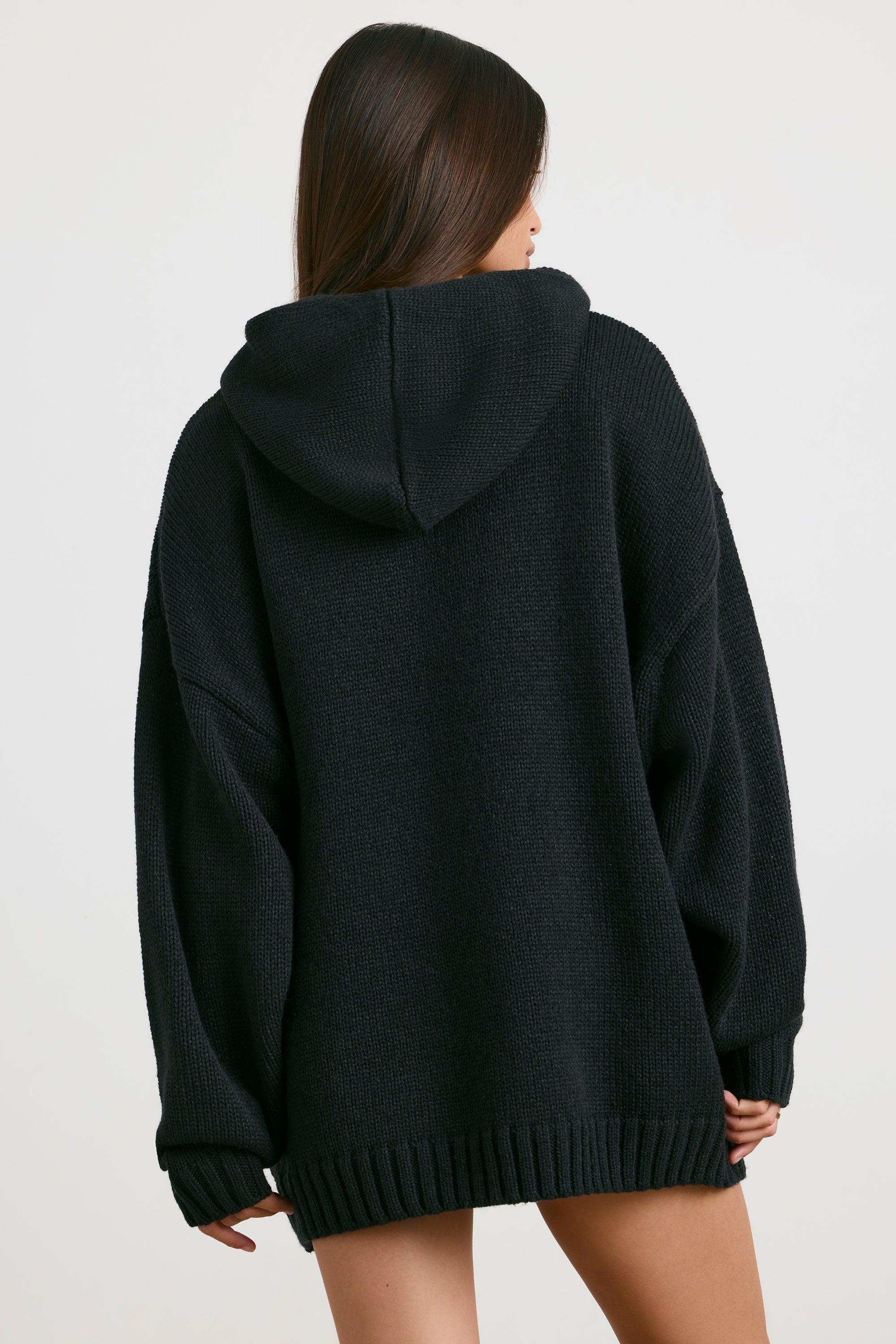 Oversized Chunky Knit Hoodie in Black Product Image