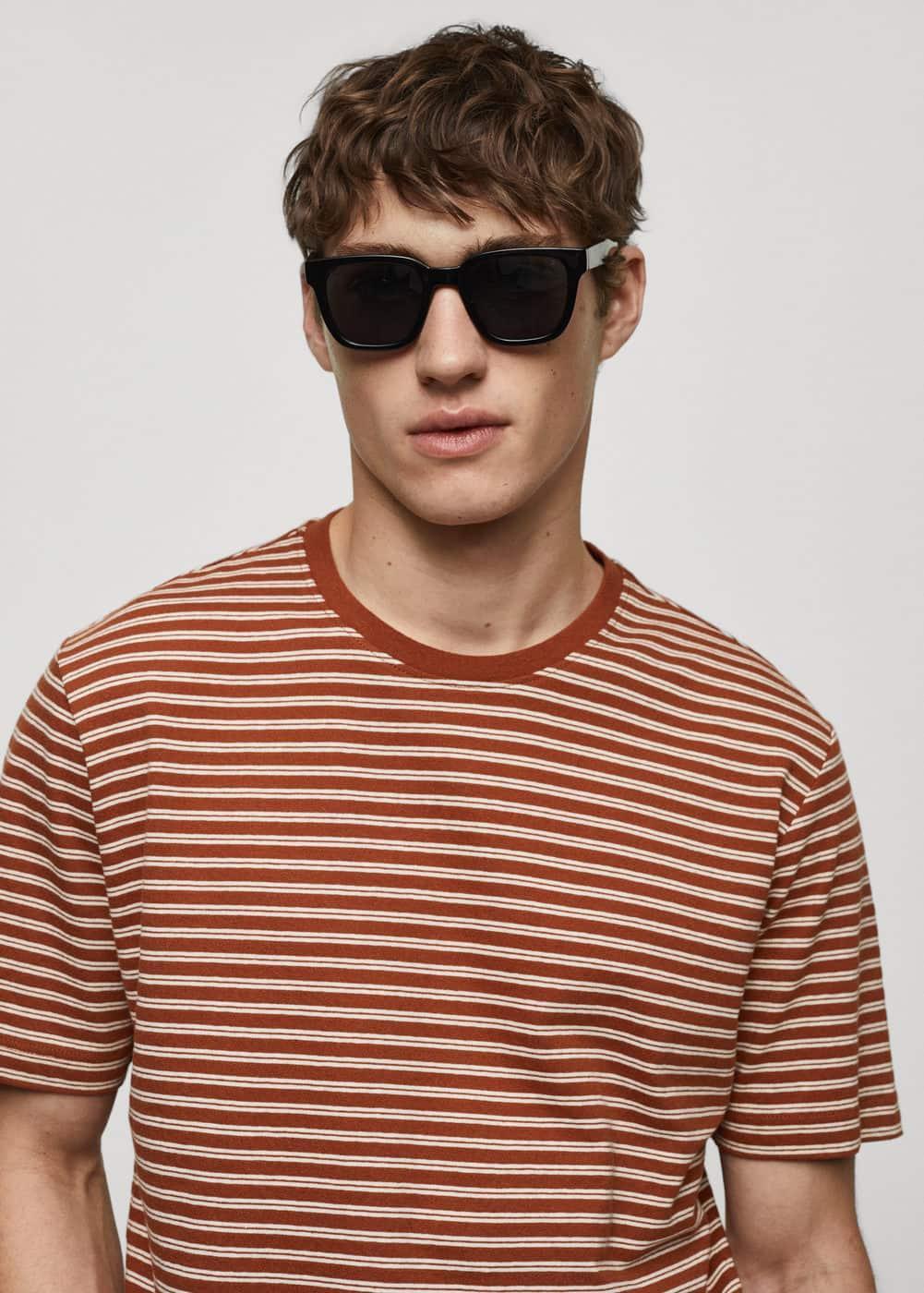 MANGO MAN - Striped cotton linen-blend T-shirt burnt orangeMen Product Image