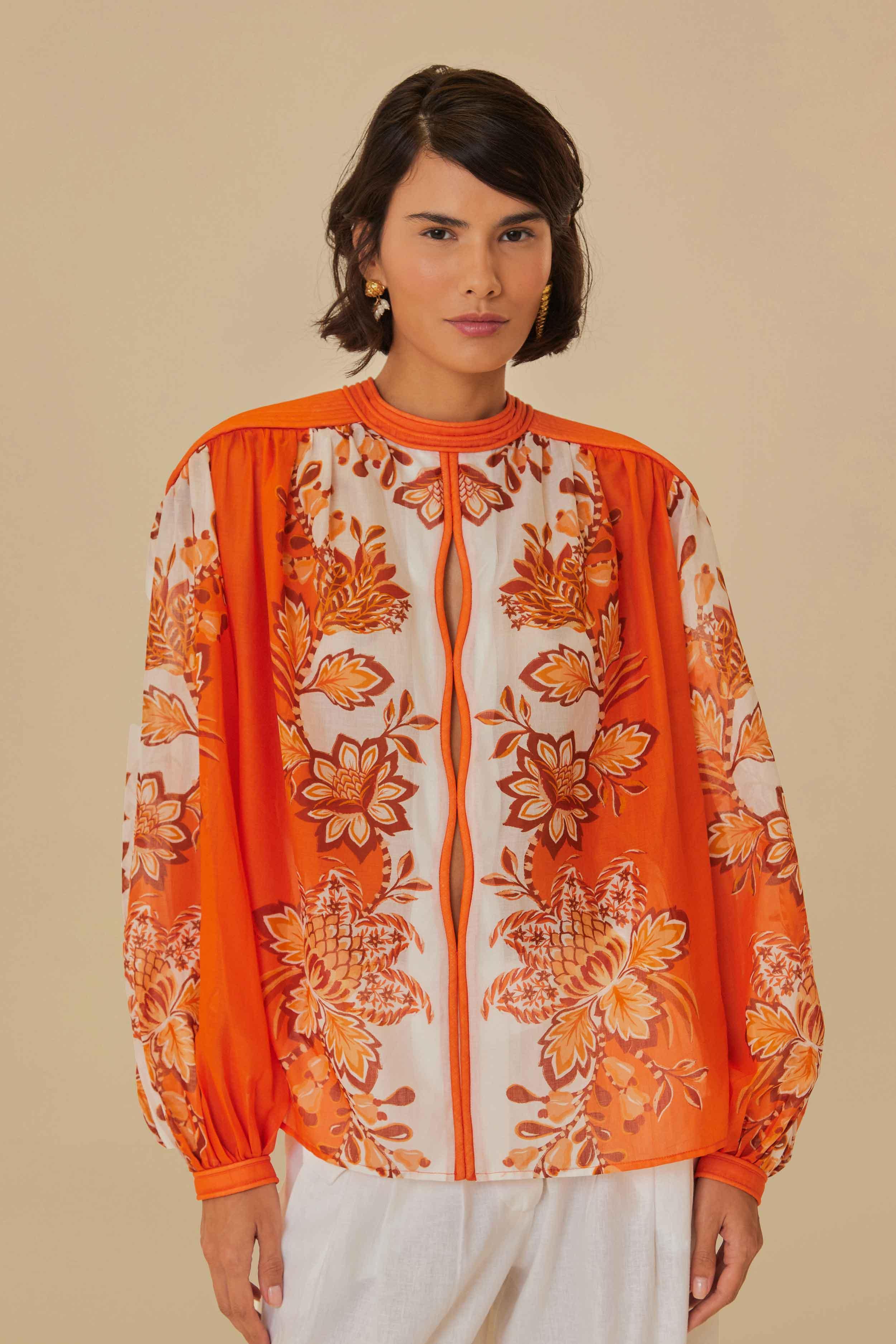 Orange Aura Piping Trim Organic Cotton Blouse, AURA ORANGE / S Product Image