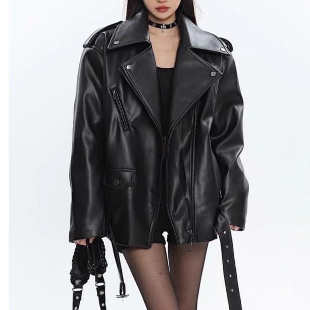 Plain Faux Leather Zip Biker Jacket product image