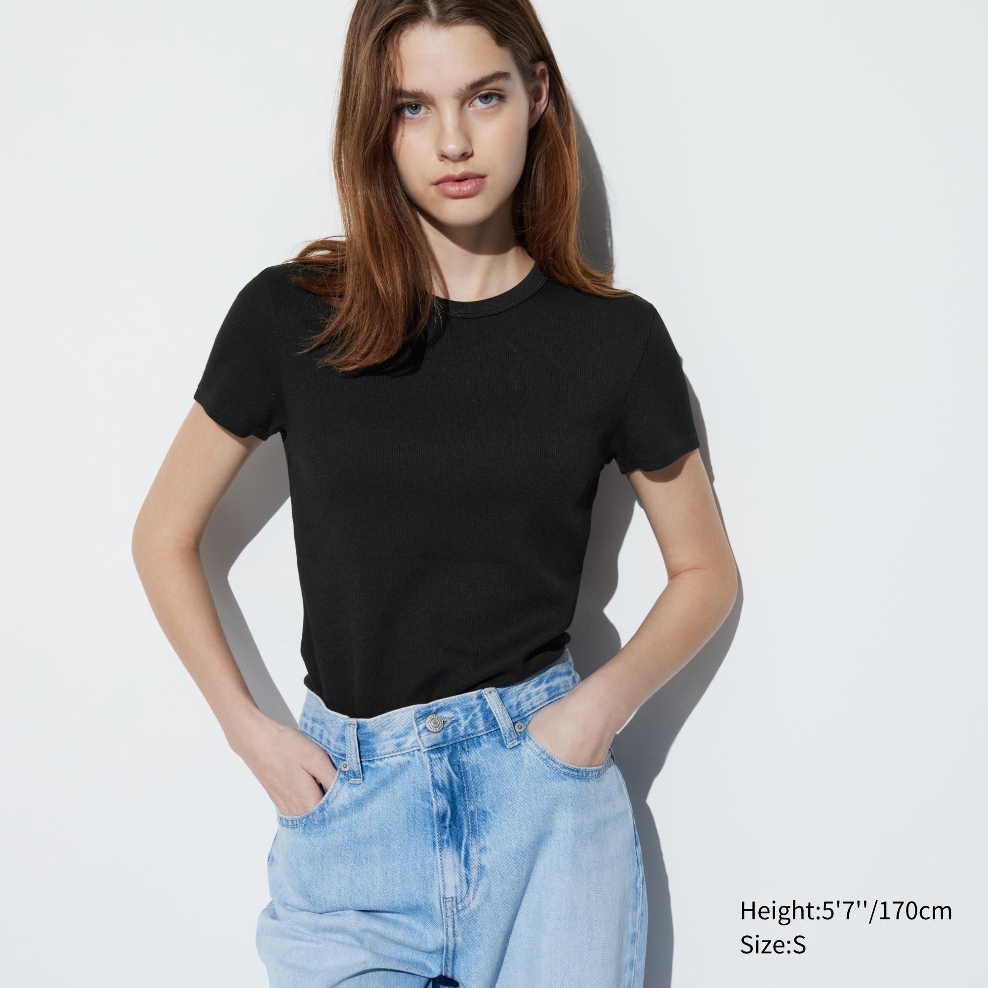 Womens Soft Ribbed Crew Neck Short-Sleeve T-Shirt Black Medium UNIQLO US Product Image