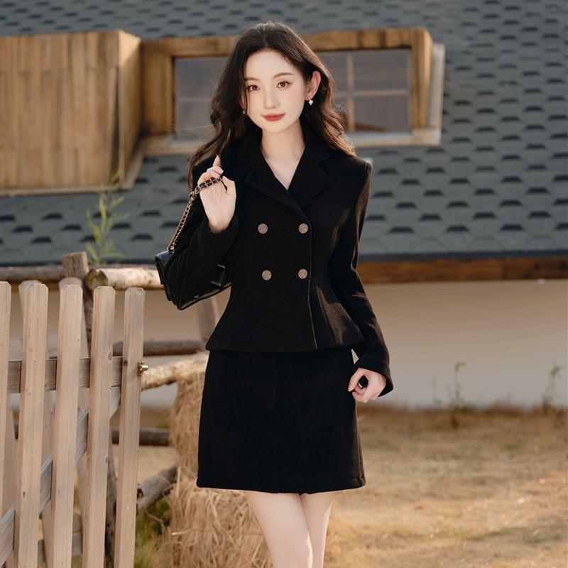 Notch Lapel Plain Double-Breasted Blazer / High Rise A-Line Skirt / Set (Various Designs) Product Image