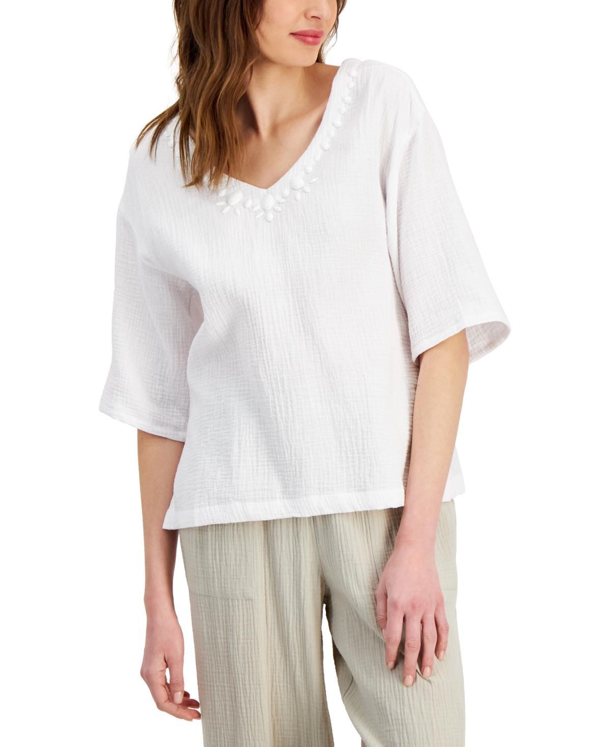 Women's Cotton Guaze Beaded V-Neck Top, Created for Macy's Product Image