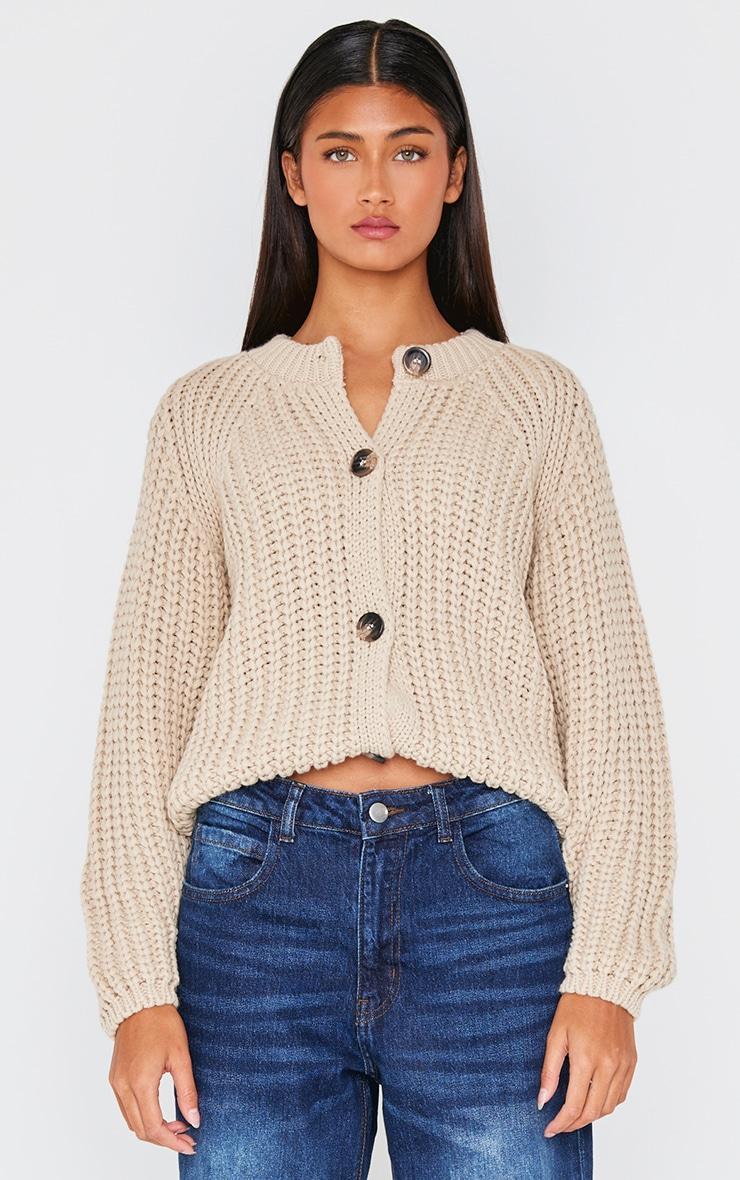 Beige Chunky Cable Knit Button Up Cardigan product image