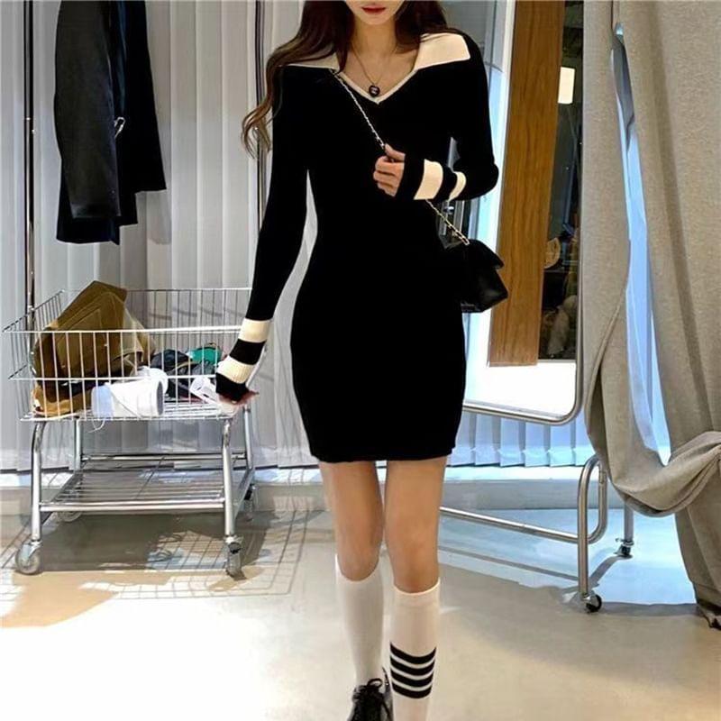 Long-Sleeve Collar Striped Knit Mini Sheath Dress Product Image