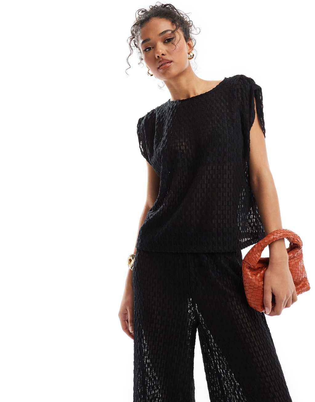 Vero Moda pull on sheer textured top in black - part of a set product image