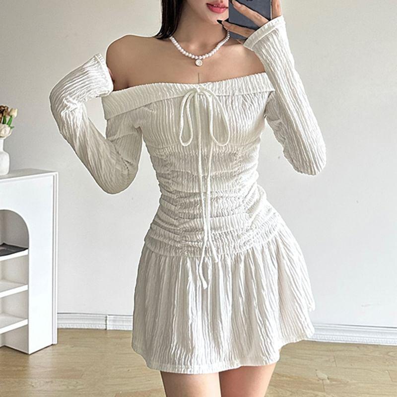 Long-Sleeve Off Shoulder Plain A-Line Dress Product Image