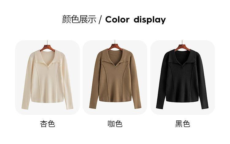 Long Sleeve Collared Plain Ribbed Knit Top Product Image