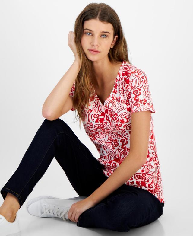 Tommy Hilfiger Womens Cotton Floral-Print V-Neck Top Product Image