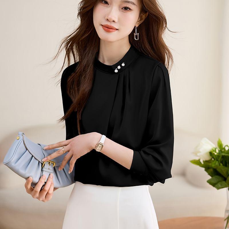 Long-Sleeve Stand Collar Plain Faux Pearl Accent Ruched Blouse Product Image