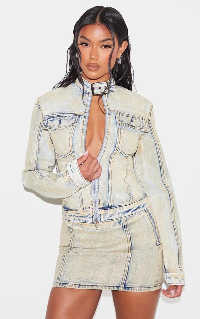 Light Blue Acid Wash Seam Detail Buckle Neck Racer Denim Jacket Product Image