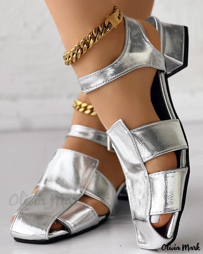 Olivia Mark – Premium Metallic Ankle Strap Chunky Heeled Sandals with Intricate Hollow Out Design Product Image