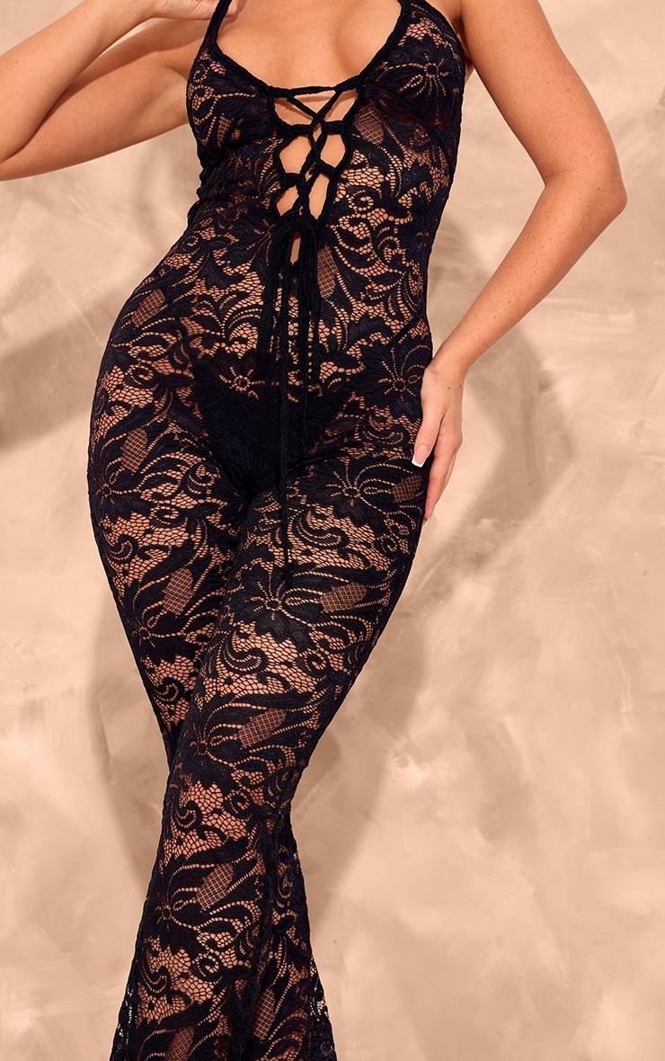 Black Lace Strappy Lace Up Jumpsuit Product Image