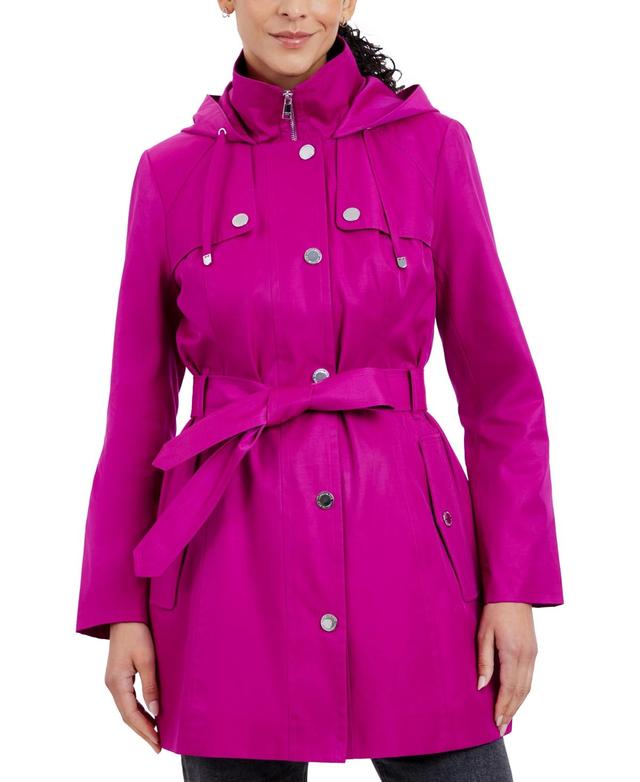 London Fog Womens Hooded Belted Zip-Front Raincoat Product Image