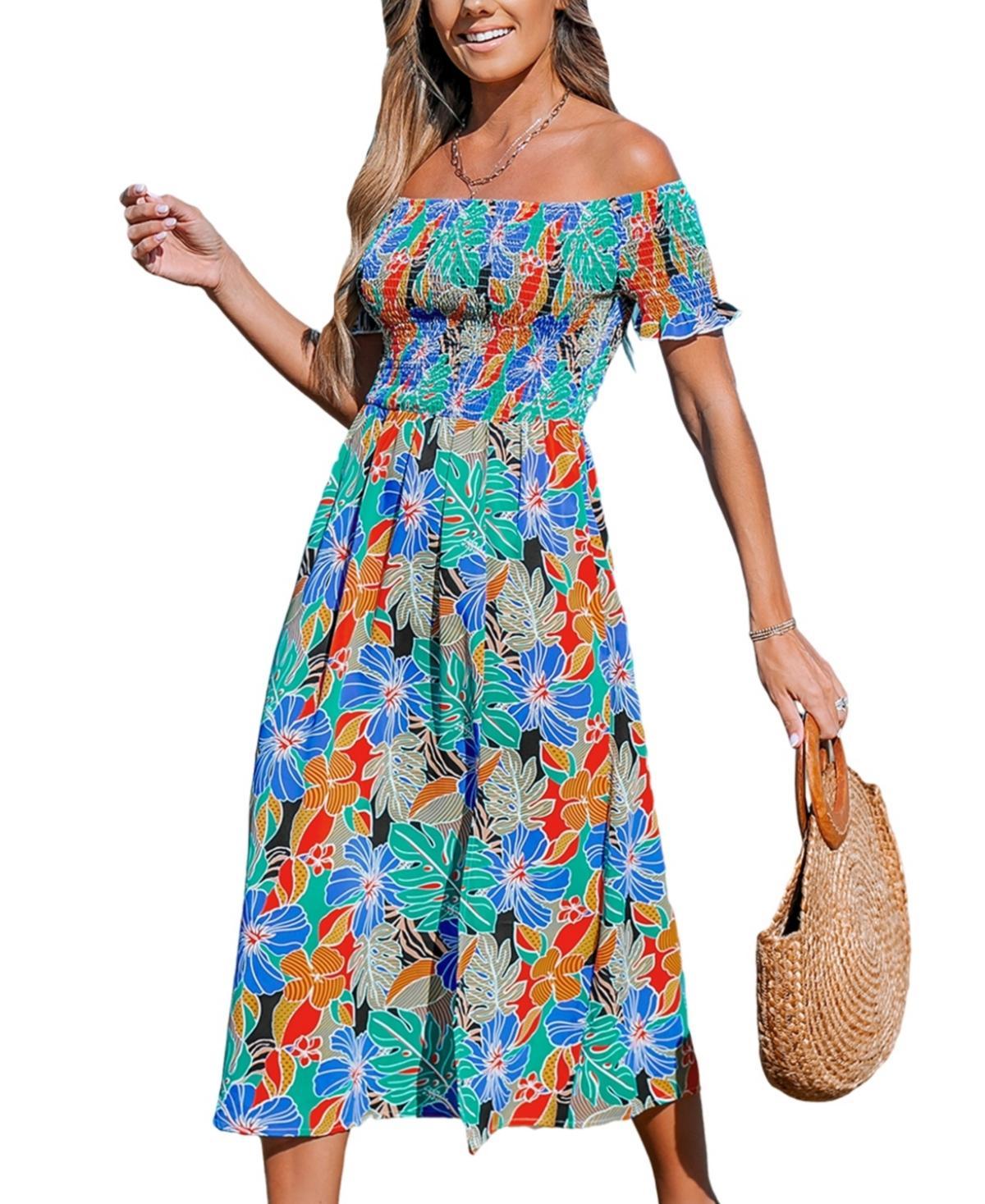 Women's Tropical Bloom Off-Shoulder Smocked Maxi Beach Dress Product Image