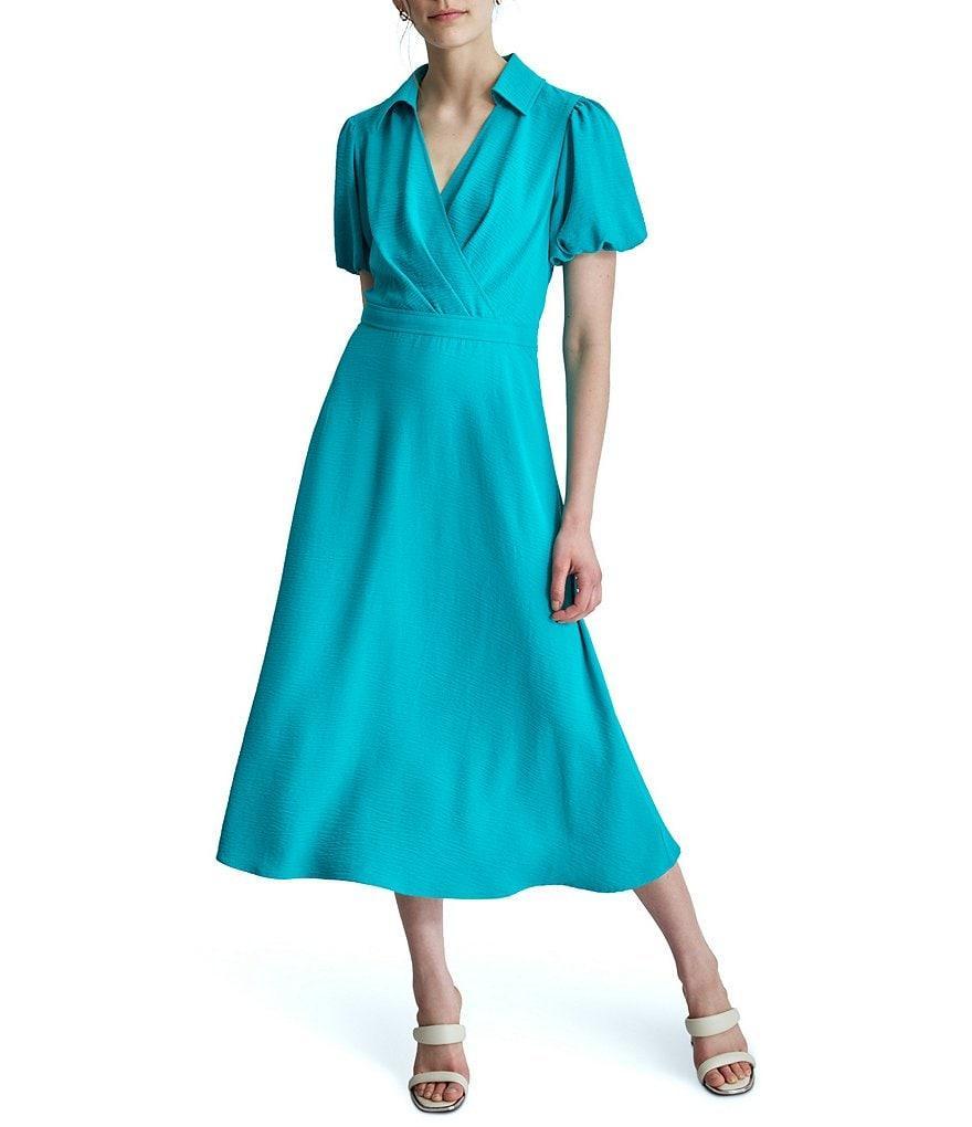 DKNY by Donna Karan Surplice Collar V-Neck Short Puff Sleeve Midi Dress Product Image