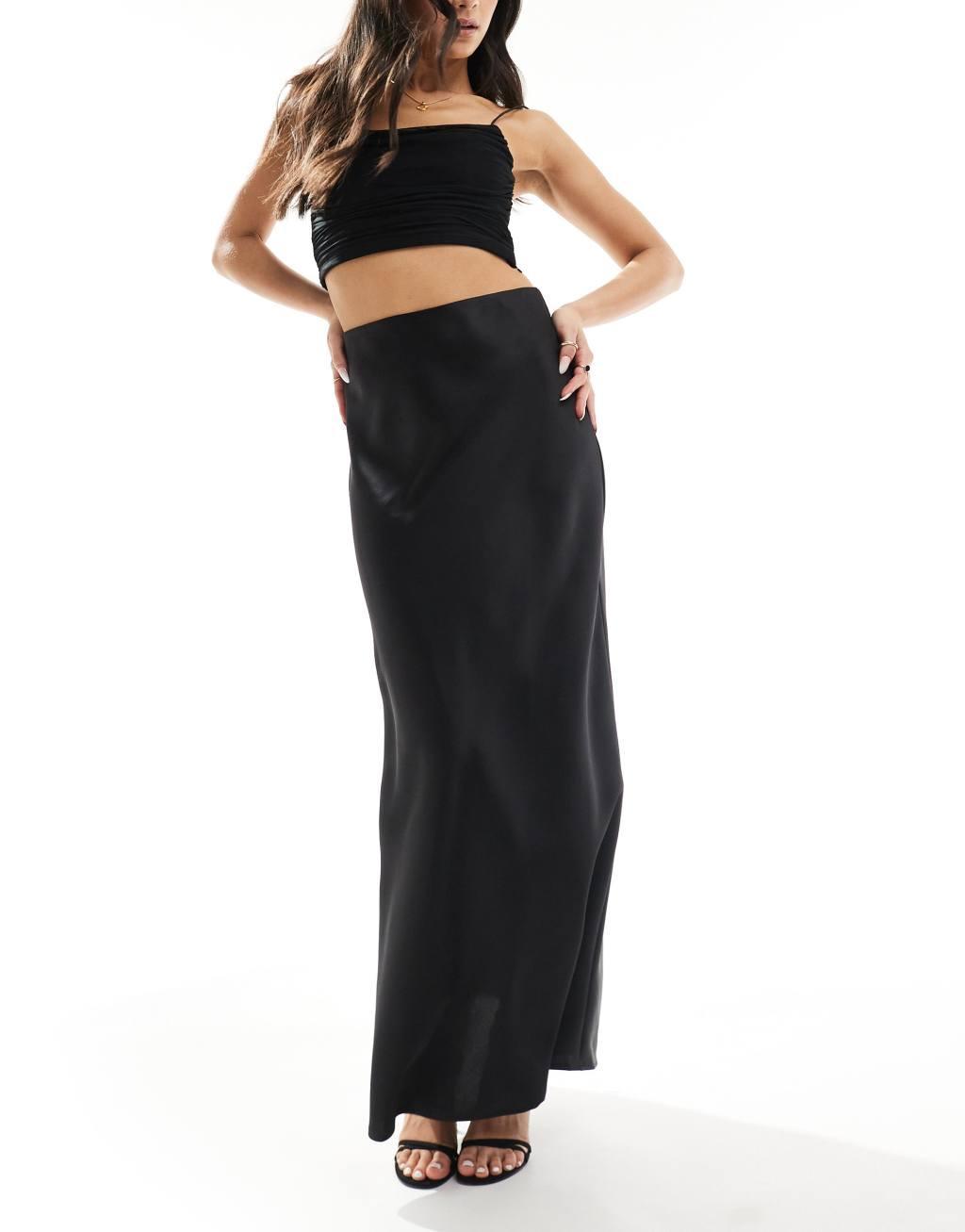 YAS satin bias cut maxi skirt in black Product Image