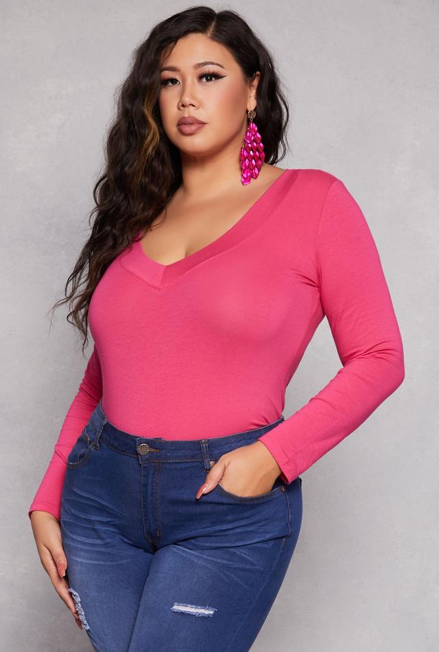 Womens Plus Size Solid V Neck Long Sleeve Tee Product Image