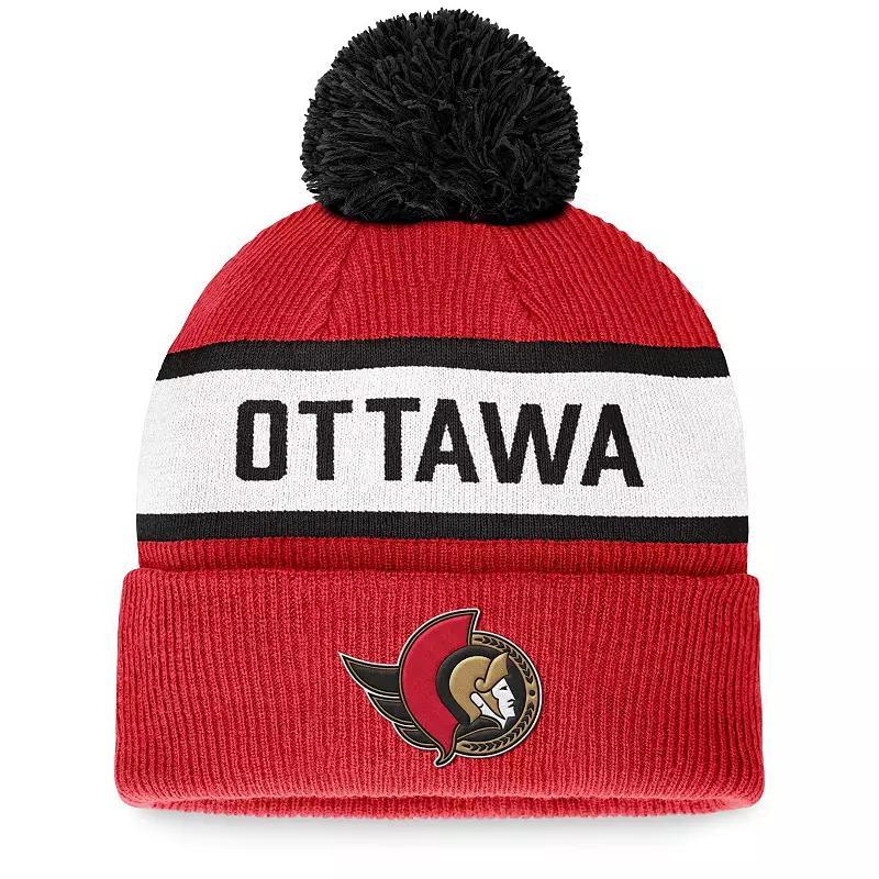 Mens Fanatics Branded Red Ottawa Senators Fundamental Wordmark Cuffed Knit Hat with Pom Product Image