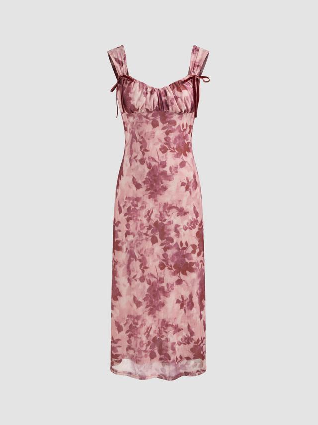 Mesh Square Neck Floral Bowknot Midi Dress Product Image