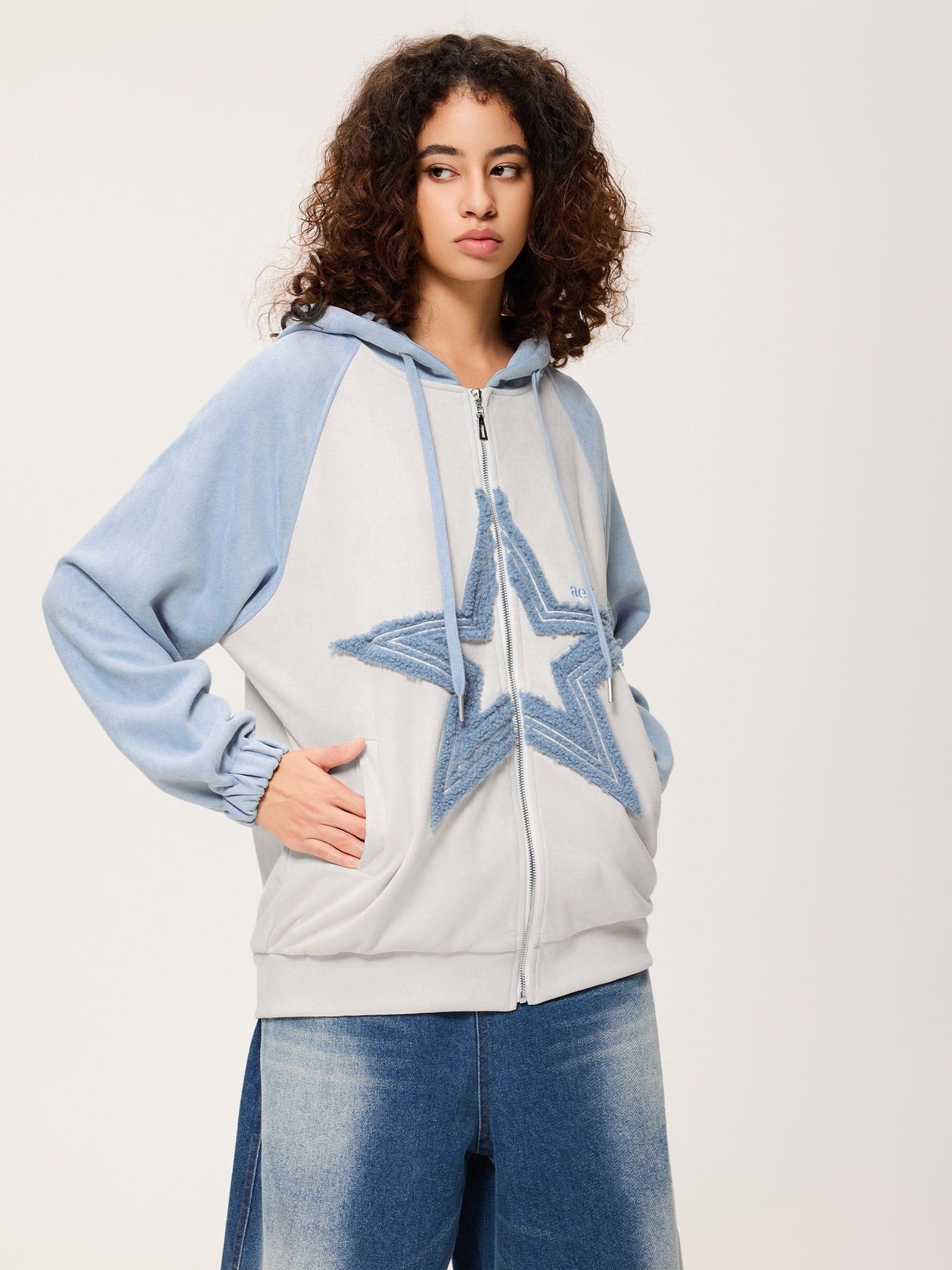 Aelfric Eden Suede Star Patchwork Zip Up Hoodie Product Image