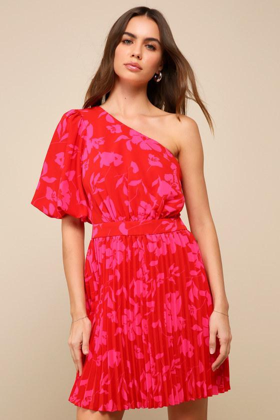 Blooming Summer Red Floral Pleated One-Shoulder Mini Dress Product Image