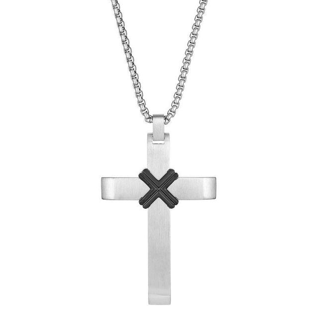 Mens LYNX Stainless Steel Black Ion Plated Center Cross Pendant Necklace Two Tone Product Image