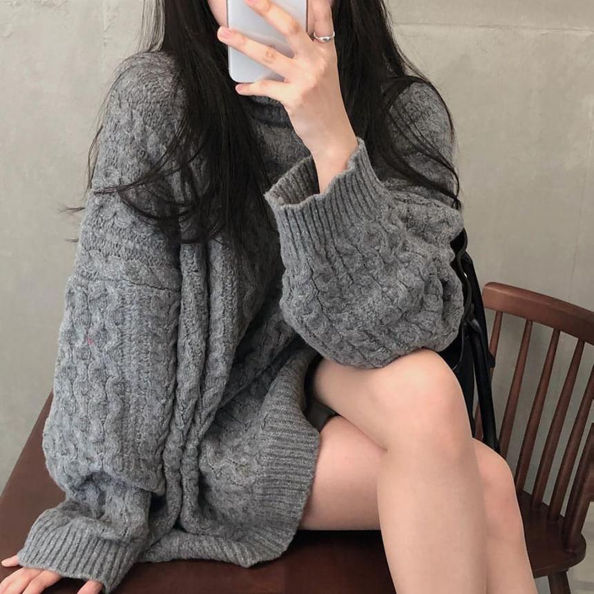 Turtleneck Plain Cable Knitted Oversized Sweater Product Image