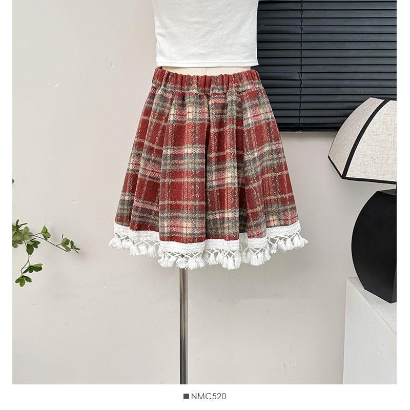 Fringed Plaid Mini Skirt Product Image