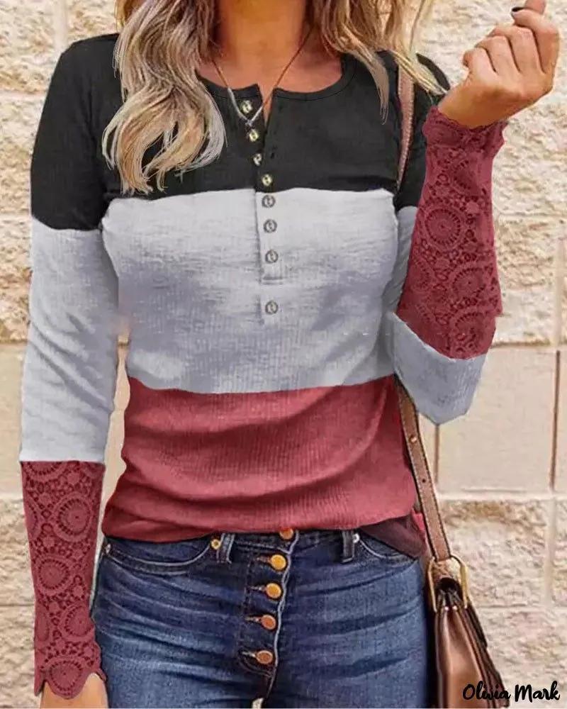 Olivia Mark – Contrast Lace Colorblock Long Sleeve Top Product Image